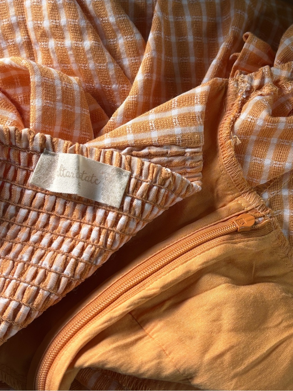Altar'd State Apricot Gingham Puff-Sleeve Tie-Front Mini Dress Size Small - Picture 8 of 10